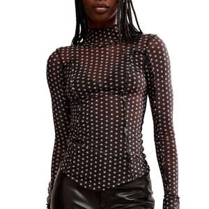 Free People Sheer Black and Gray Polka Dot Long Sleeve Top